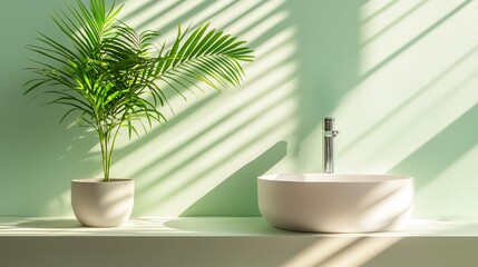 Bathroom with sleek white sink, round mirror detail, plants on countertop, sunlight filtering, modern style