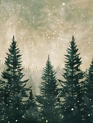 Soft snowfall over dense evergreen forest.