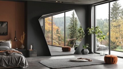 Bedroom interior with frameless mirror, adding spacious feel, leaning design