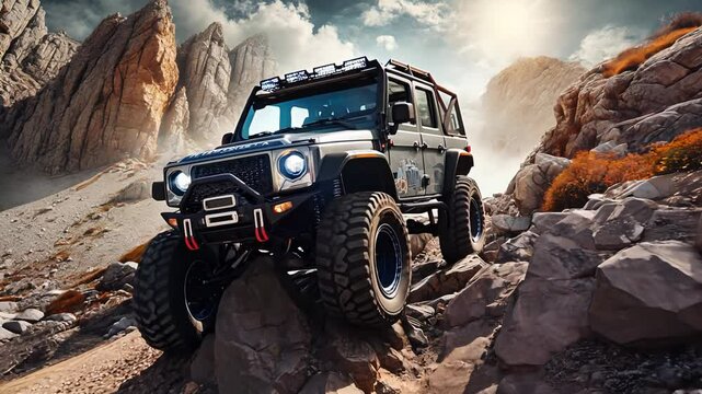 4x4 off-road vehicle climbing a challenging rocky mountain