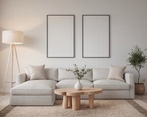 A Scandinavian-inspired living room with a white sofa set and multiple photo frames is displayed on the wall as a 3D illustration image.