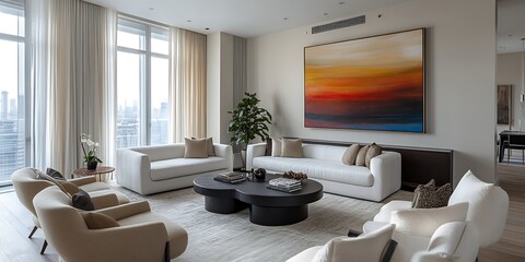 Modern Living Room Interior Featuring Large Windows, Minimalist Furniture, and a Vibrant Artwork, Showcasing a Stylish Urban Design During Daytime