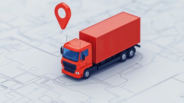 A red delivery truck on a map with a location pin, symbolizing transportation and logistics. Sending, Delivery ,Tracking concept