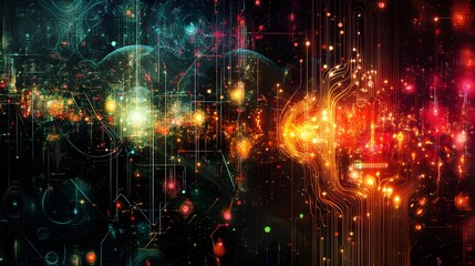 Fototapeta premium A conceptual illustration of artificial intelligence with abstract neural networks and glowing circuits, showcasing the intersection of technology and human creativity.