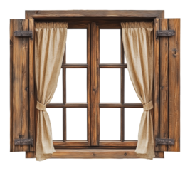 PNG Rustic wooden window with beige curtains open wide