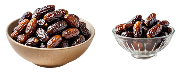 The image features two bowls brimming with dates isolated on transparent or white background.