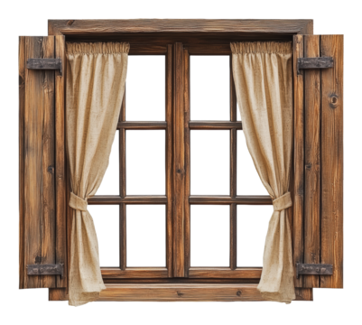 PNG Rustic wooden window with beige curtains open wide
