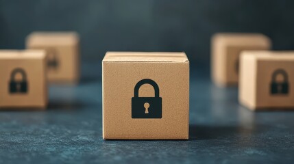 A close-up of a cardboard box featuring a lock icon, symbolizing security and privacy, set against a dark background.