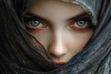 Fototapeta premium Close up portrait of woman with blue eyes looking directly at the camera wearing a hijab