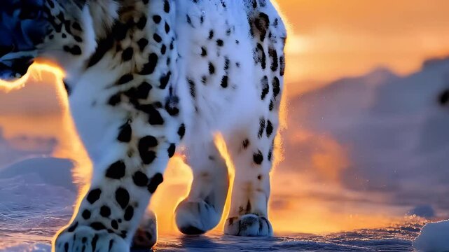 snow leopard walking along frozen coastline with golden light