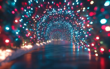 Tunnel vision of Christmas lights, perspective depth, radiating colorful glow, immersive holiday light show