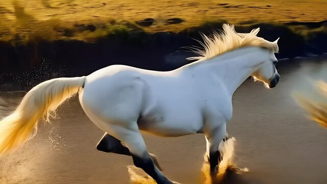 A pair of horses running over a shallow muddy river