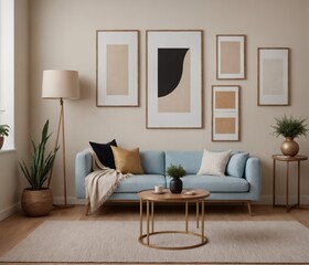 A Scandinavian-inspired living room with a light blue sofa set and photo frame templates is displayed as a 3D illustration image on the wall.