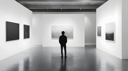 A contemporary web design for an online art gallery, focusing on large, high-quality images, minimal text, and a sleek, user-centered interface.