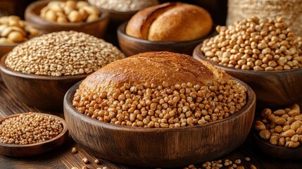 Naklejka premium Various grains, bread, and nuts in wooden bowls.