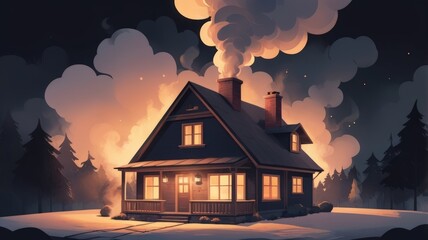 Chimney house symbol in gold on matte black, representing safety and comfort