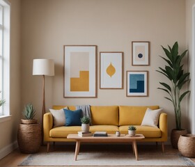 A Scandinavian-inspired living room with a yellow sofa set and blank vertical frames is displayed on the wall as a 3D illustration image.