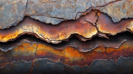 Detailed texture of weathered steel, rusting surface, pitting and flaking corrosion, brown and red hues, illuminated by soft, ambient light