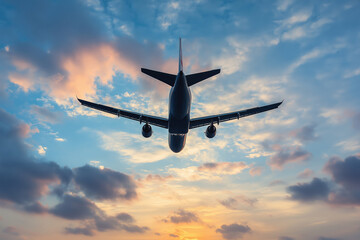 Naklejka premium A passenger airplane captured mid-flight against a colorful evening sky, depicting motion and adventure.