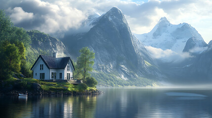 Fototapeta premium Beautiful house water with majestic mountains image