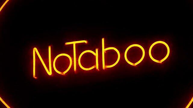 No Taboo inscription at sex shop window. Peccability and moral degradation of society, decline in morals
