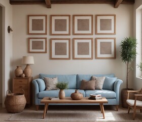 A Scandinavian-inspired living room with a sofa set and blank vertical frames is displayed on the wall as a 3D illustration image.