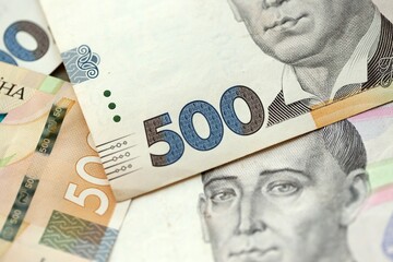 Ukraine money 500 hryvnia background. Ukrainian finance, salary, pension, donations, taxes