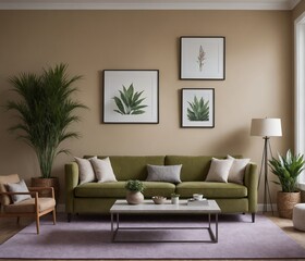 Fototapeta premium A Scandinavian-inspired living room with a dark green sofa set and blank vertical frames is displayed on the beige wall as a 3D illustration image.