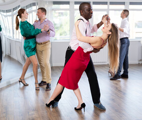 Fototapeta premium Elegant adult African American performing kizomba paired with attractive woman in red in studio class setting