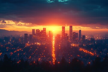 Fototapeta premium Sunrise over Cityscape with Dramatic Sky and Street Lights