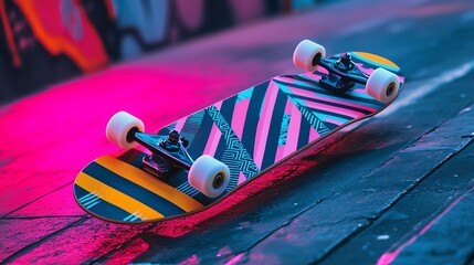 Naklejka premium Vibrant skateboard deck with abstract geometric patterns, neon colors, dynamic shapes, modern street art style, professional product photography