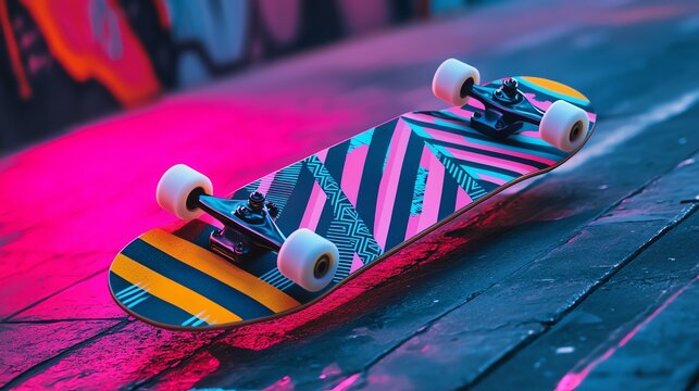 Vibrant skateboard deck with abstract geometric patterns, neon colors, dynamic shapes, modern street art style, professional product photography