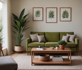 A Scandinavian-inspired living room with a sofa set and blank vertical frames is displayed on the wall as a 3D illustration image.