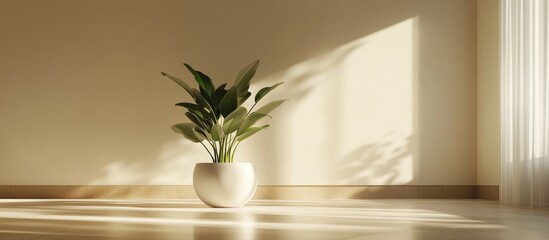 Potted plant in a minimalist white vase displayed on an elegant flower stand in a spacious empty room