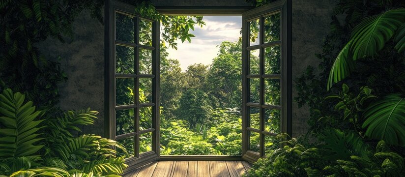Fototapeta Opened window surrounded by lush greenery in a tranquil tree garden creating a sense of openness and serenity