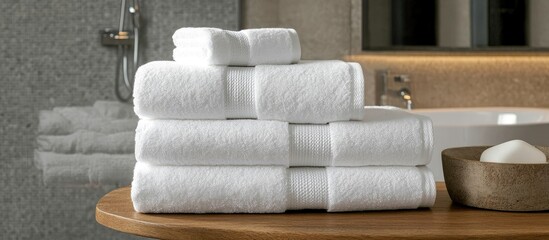 Neatly arranged stack of plush white towels on a wooden table perfect for a spa like bathroom atmosphere