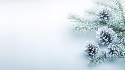 Fototapeta premium Snow-dusted pine cones on a branch, capturing a serene winter moment in natures quiet embrace.