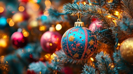 A festive Christmas tree adorned with blue and red ornaments, capturing the holiday spirit in a cozy indoor setting.