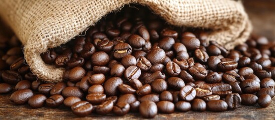 Richly roasted coffee beans spilling from a burlap sack perfect for brewing fresh coffee