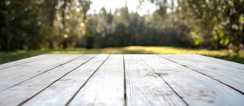Perspective view of a white wooden table against a blurred natural backdrop ideal for product montages or design layouts