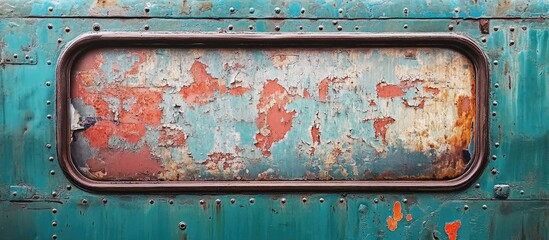 Old train window with peeling layers of vintage paint capturing the charm of nostalgia