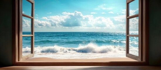 Ocean view through a window showcasing sandy beach and sparkling waves perfect for vacation inspiration