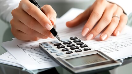 Businesswoman calculating invoices, focused on managing finances effectively.