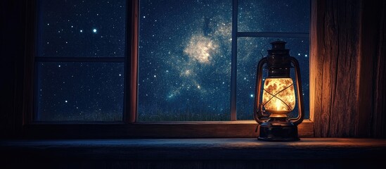 Night scene of a starry sky viewed through a window in a dark room illuminated by a vintage lantern long exposure photography