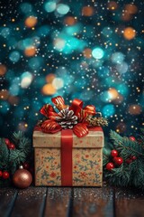 Festive Christmas presents on a wooden table, set against a vibrant blue background, evoking holiday cheer.