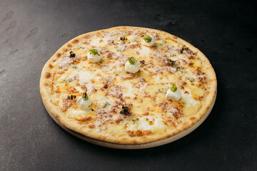 Classic Italian pizza with a golden cheese topping and herbs, ready to enjoy