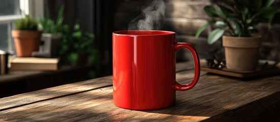 Red ceramic mug filled with steaming beverage placed on a rustic wooden desk ideal for workspace mockups