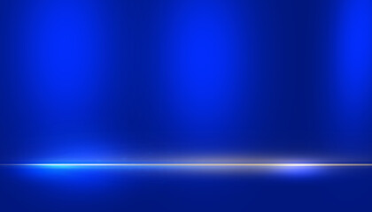 Blue lights gradient studio room, abstract background pattern, walls and floor reflect neon lights, dark tones and feel speed of digital technology connected blue light background. Future technology.
