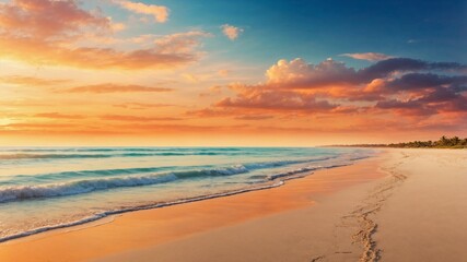 Obraz premium Closeup sea sand beach. Panoramic beach landscape. Inspire tropical beach seascape horizon. Orange and golden sunset sky calmness tranquil relaxing sunlight summer mood. Vacation travel holiday banner
