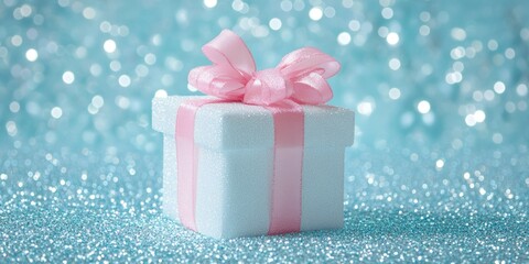 Fototapeta premium A white gift box adorned with a pink ribbon sits elegantly on a vibrant blue background, perfect for celebrations.